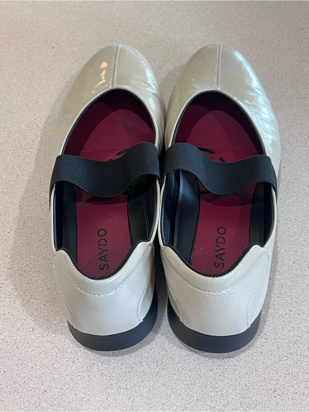 Saydo Cream Patent Mary Jane Flats with Black Elastic Strap